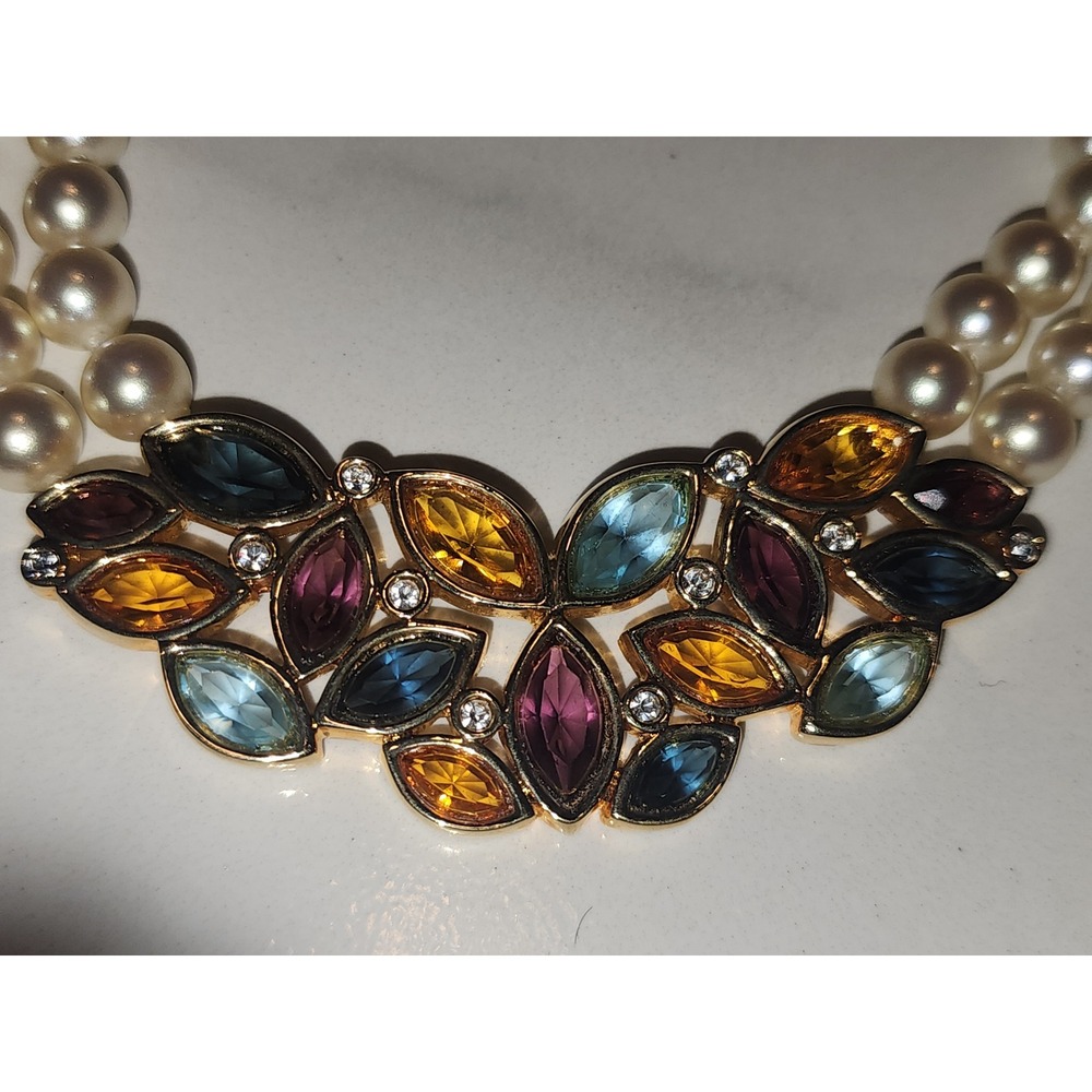Swarovski Double Strand Gold Tone Faux Pearl Multi Color Crystal Bib Necklace